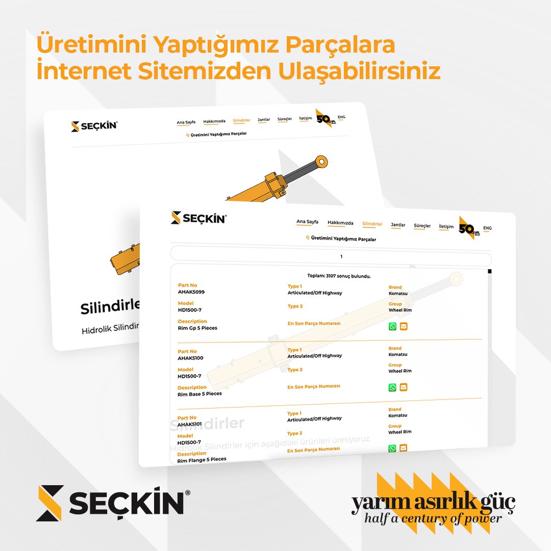 İhtiyacınız olan parça sorgusunu yenilenen internet sitemiz üzerinden rahatlıkla gerçekleştirebilirsiniz.

#seckinmakine #hidroliksilindir #lider #ismakinesi #yarımasır #uzman #tecrübe