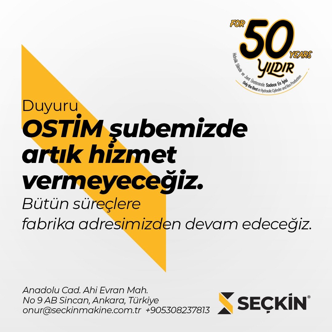 Ostim şubemizde artık hizmet vermeyeceğimizi, tüm süreçlerimizi fabrikamızdan yürüteceğimizi siz kıymetli müşterilerimize ve iş ortaklarımıza duyurmak isteriz.

#seckinmakine #ostim #hizmet #fabrika